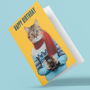 Cat Photographer in Vintage Sweater Customizable Card