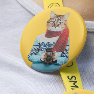 Cat Photographer in Vintage Sweater Quirky Button
