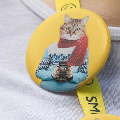 Cat Photographer in Vintage Sweater Quirky Button