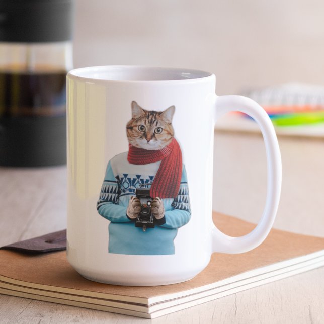 Cat Photographer in Vintage Sweater Quirky Coffee Mug (Creator Uploaded)