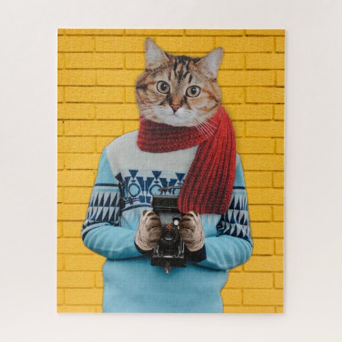 Cat Photographer in Vintage Sweater Quirky Jigsaw Puzzle
