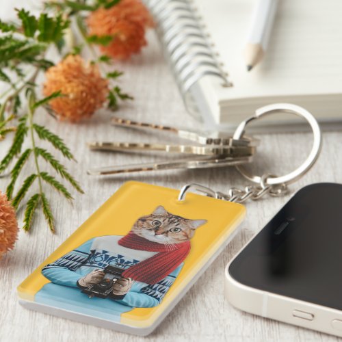 Cat Photographer in Vintage Sweater Quirky Keychain