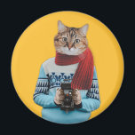 Cat Photographer in Vintage Sweater Quirky Magnet<br><div class="desc">Add some fun to your fridge with this quirky but cool magnet. It features a photo collage style illustration of a cat dressed in a retro style sweater and holding a vintage camera.</div>