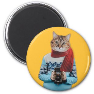 Cat Photographer in Vintage Sweater Quirky Magnet