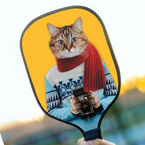 Cat Photographer in Vintage Sweater Quirky Pickleball Paddle