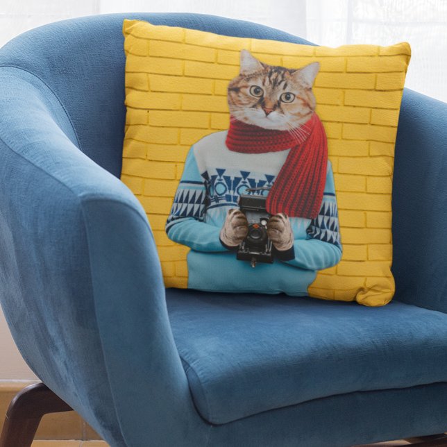 Cat Photographer in Vintage Sweater Quirky Throw Pillow (Creator Uploaded)