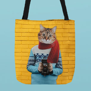 Cat Photographer in Vintage Sweater Quirky Tote Bag