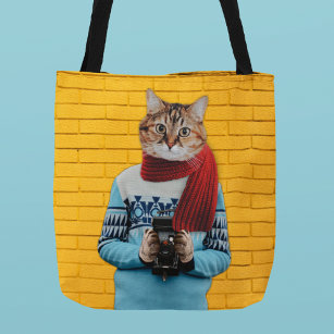 Cat Photographer in Vintage Sweater Quirky Tote Bag