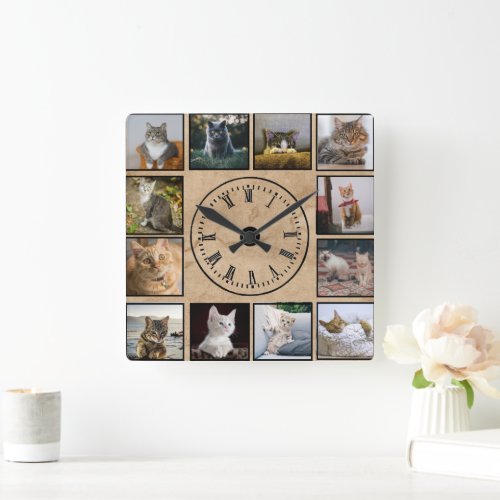 Cat Photos Collage Faux parchment pager Background Square Wall Clock