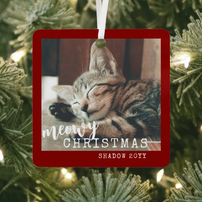 Cat Photos Meowy Christmas Rustic Red Metal Ornament (Insitu)