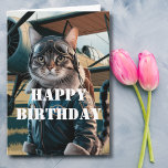 Cat Pilot & Airplane, Cool Funny Aviation Birthday Card<br><div class="desc">Cat Pilot & Airplane, Cool Funny Aviation Birthday Card Birthday card featuring a photo of cat wearing a leather jacket, goggles, and an airplane in the background. Inside are birthday wishes that say "Feline good at cruising altitude". Perfect for a pilot or aviation enthusiast. Customize it with your own birthday...</div>