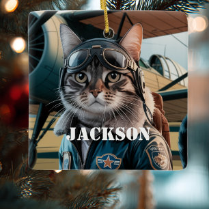 Cat Pilot Airplane Funny Aviation Christmas Custom Ceramic Ornament