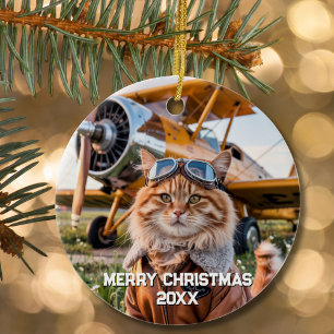Cat Pilot Airplane Funny Aviation Photo Christmas Ceramic Ornament