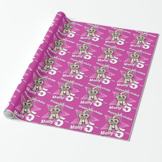 Cat pink add your age name 5th birthday wrap wrapping paper