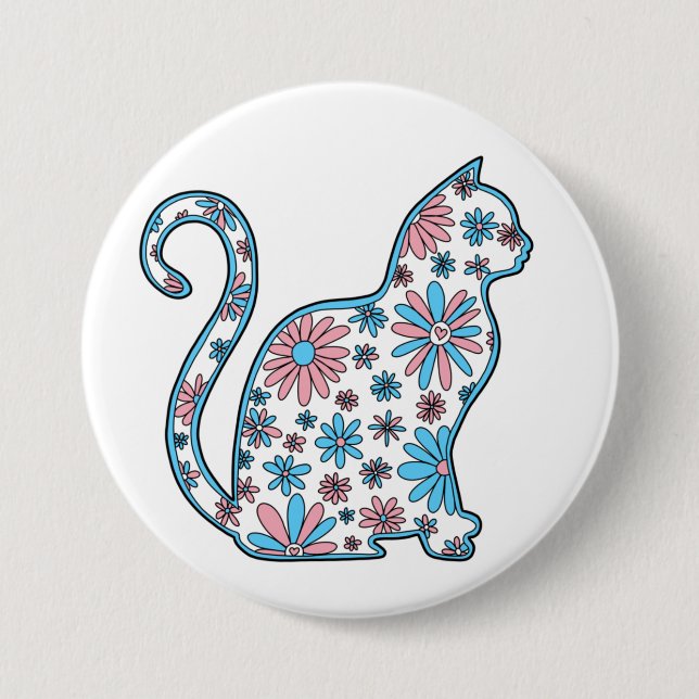 Cat pink blue white flowers transgender pride button (Front)