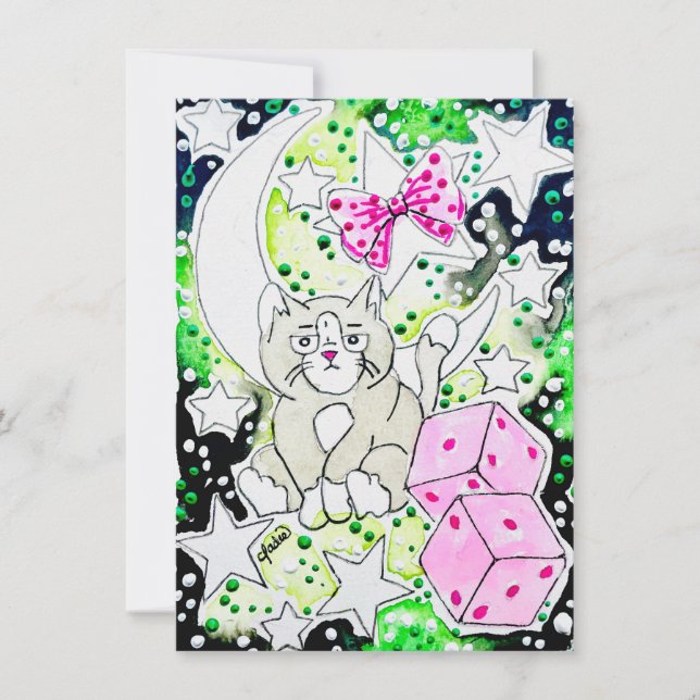 Cat & Pink Dice Note Card (Front)