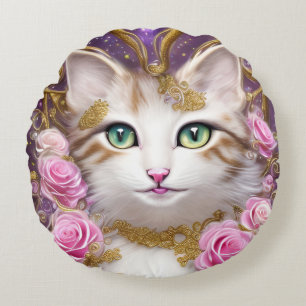 Cat Pink Gold Roses Painting Round Pillow