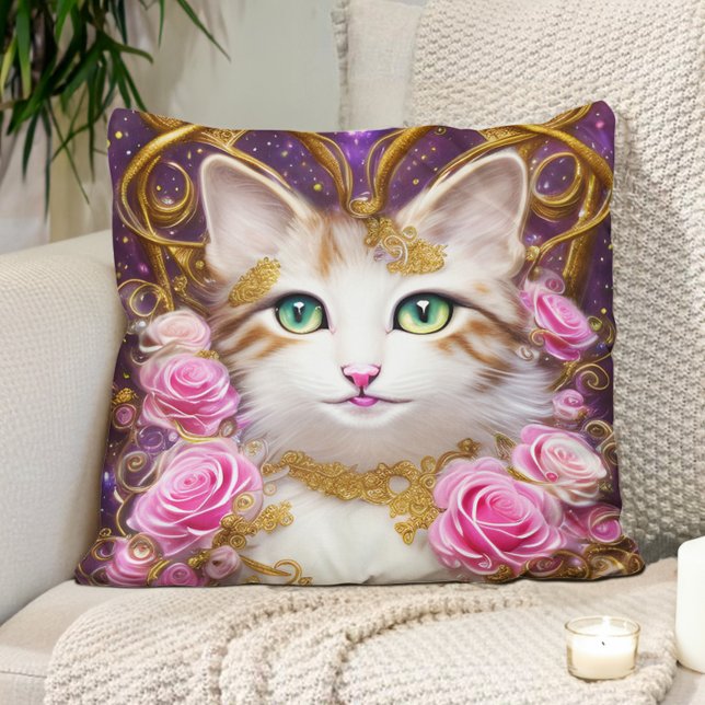 Cat Pink Gold Roses Painting Throw Pillow (Cute cat, pink roses, gold, and purple pillow)