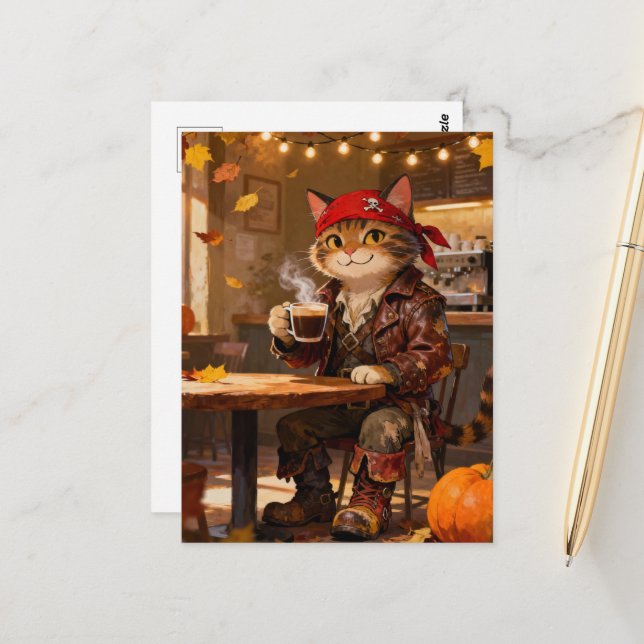 Cat Pirate at the autumn Coffee shop Postcard (Front/Back In Situ)