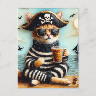 Cat pirate drinking coffee encaustic art style postcard