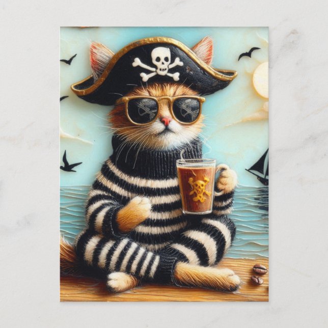 Cat pirate drinking coffee encaustic art style postcard (Front)