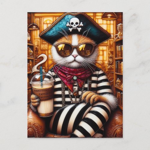 Cat pirate drinking icedcoffee encaustic art style postcard