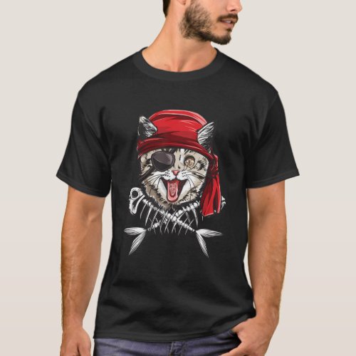 Cat Pirate Jolly Roger Flag Skull Crossbones Capta T_Shirt