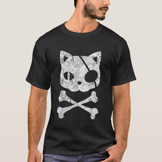 Cat Pirate Lazy Halloween Costume Kitten Skull Cro T-Shirt (Front)