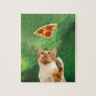 Cat Pizza  In Space Nebula Green Galaxy Jigsaw Puzzle