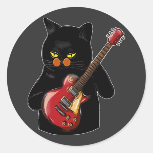 Cat Playing Acoustic Guitar Classic Round Sticker