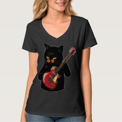Cat Playing Acoustic Guitar Women V_Neck T_Shirt