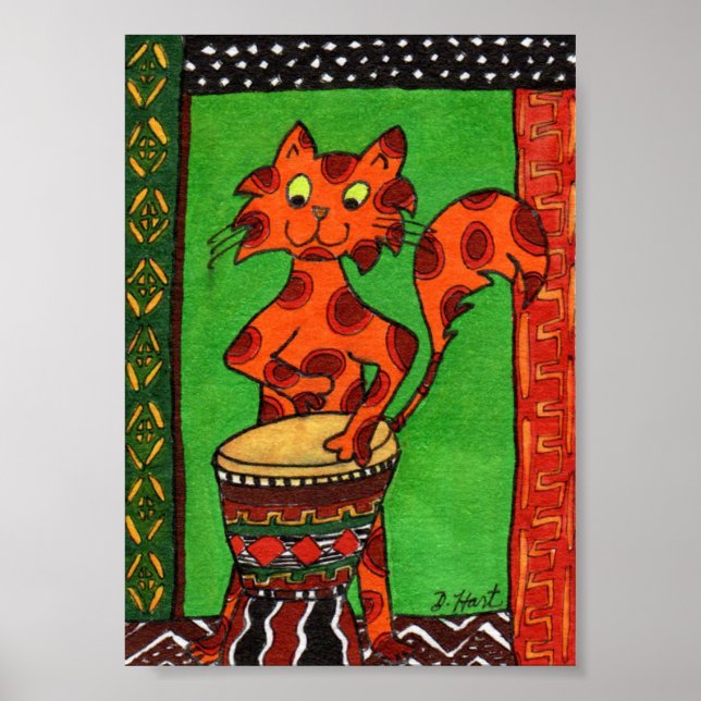 Cat Playing African Djembe Drum Mini Folk Art Poster (Front)
