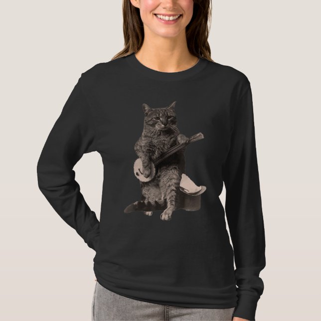 Cat Playing Banjo Guitar Cat Instrument Kitty T-Shirt (Front)