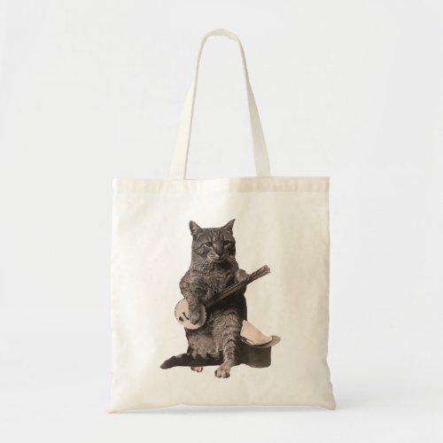 Cat Playing Banjo Guitar Short Sleeve Tote Bag