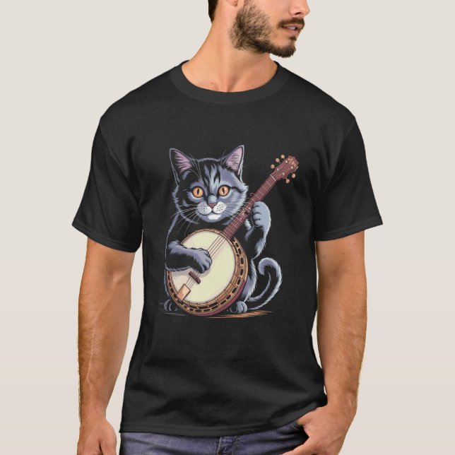 Cat Playing Banjo Illustration 1 T-Shirt (Front)