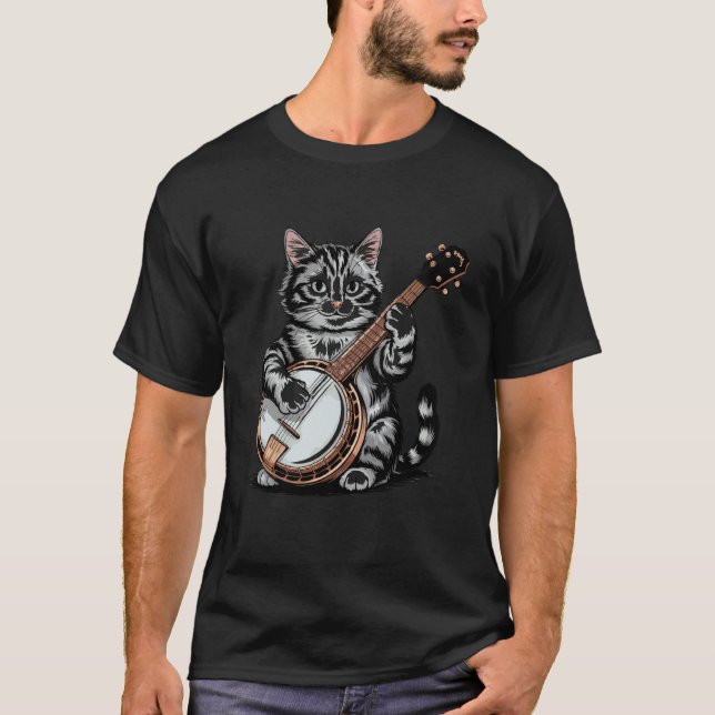 Cat Playing Banjo Illustration T-Shirt (Front)