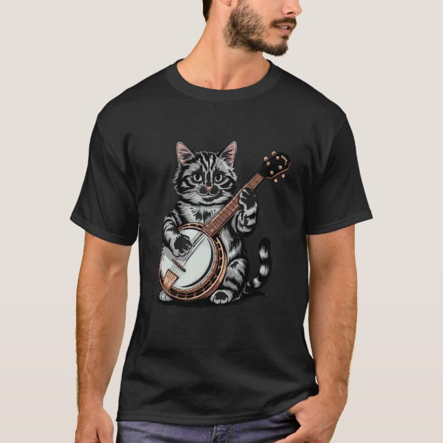 Cat Playing Banjo Illustration T-Shirt (Front)