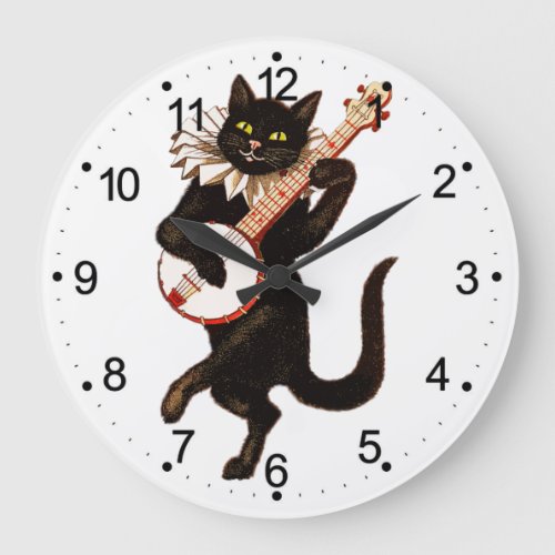 Cat playing Banjo Large Clock