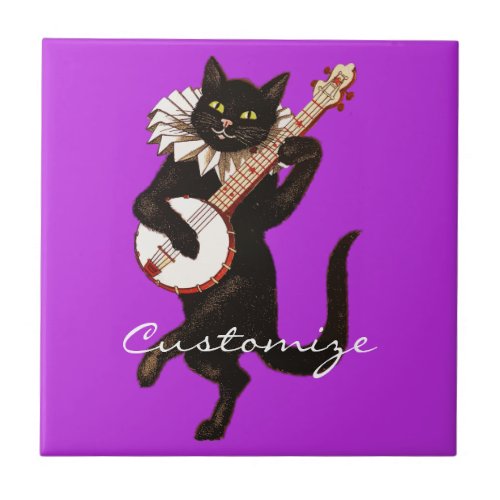 Cat playing Banjo Thunder_Cove Ceramic Tile