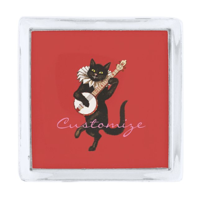 Cat playing Banjo Thunder_Cove Silver Finish Lapel Pin (Front)