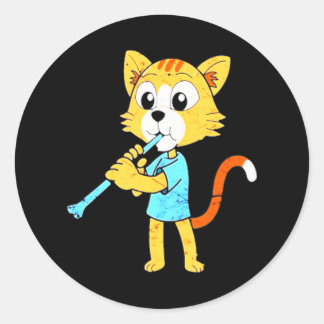 Cat Playing Clarinet Funny Musician Classic Round Sticker