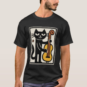 Cat Playing Contrabass Upright Bass Music Art T-Shirt