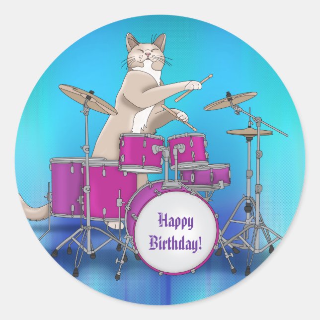 Cat Playing Drums - Blue Round Sticker (Front)