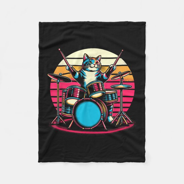 Cat Playing Drums Drummer Novelty Music Lover Funn Fleece Blanket (Front)