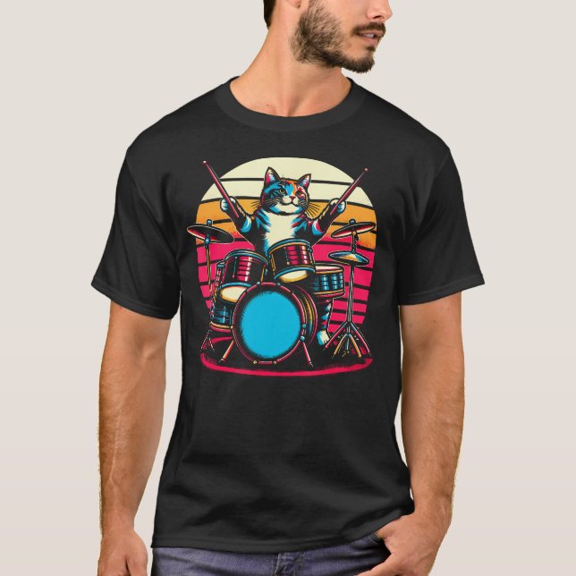 Cat Playing Drums Drummer Novelty Music Lover Funn T-Shirt (Front)