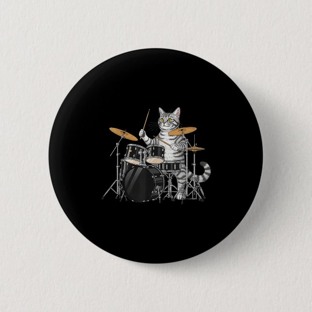 Cat Playing Drums Drumset Drumkit Drumming Drum Dr Button (Front)
