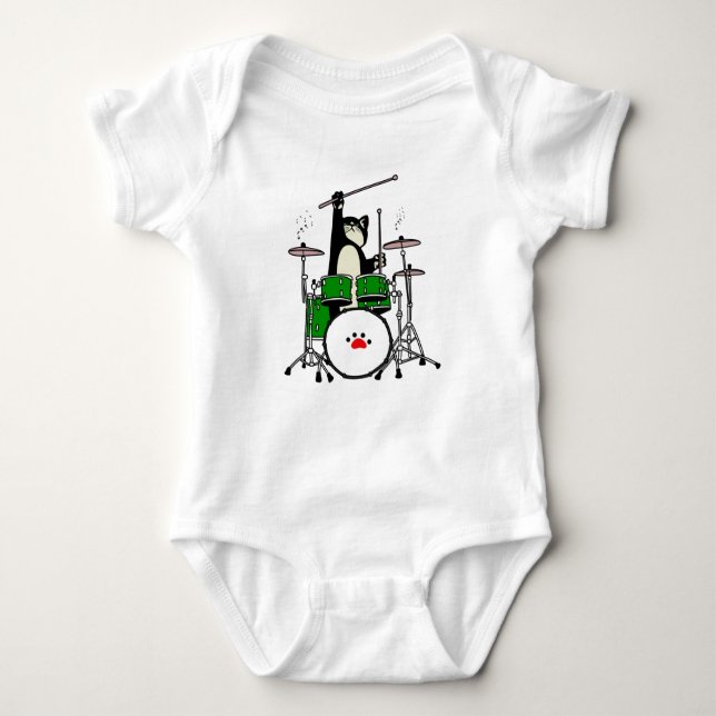 Cat Playing Drums, Funny Cat Playing Drums Baby Bodysuit (Front)