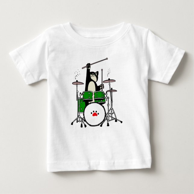 Cat Playing Drums, Funny Cat Playing Drums Baby T-Shirt (Front)