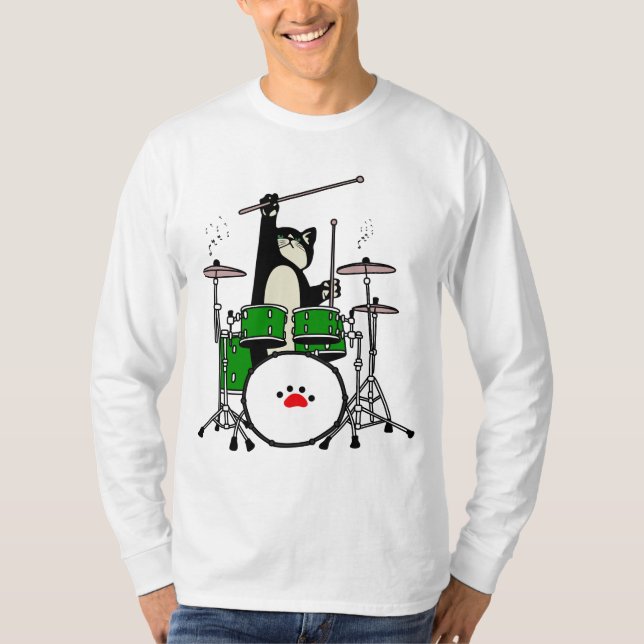 Cat Playing Drums, Funny Cat Playing Drums T-Shirt (Front)
