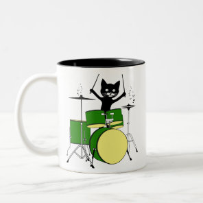 Cat Playing Drums, Funny Cat Playing Drums Two-Tone Coffee Mug